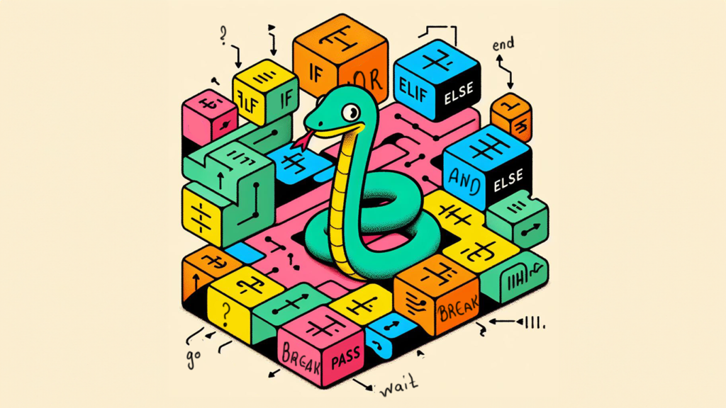 Image shows python around a set of blocks each labeled with a control flow statement, controlling the flow of python