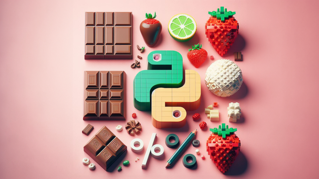 Image shows different types of lego food - fruits, chocolates, ice creaam. In python each would be a data type, and you'd declare variables of each type to hold and entry of that type