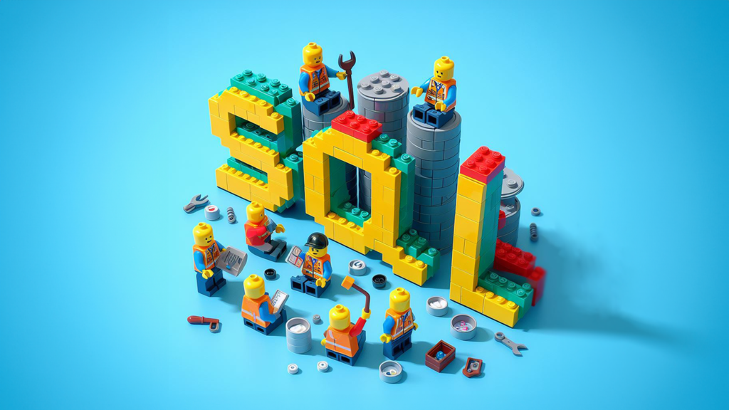 Image shows the words SQL created with lego pieces as building blocks